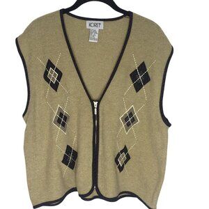 KORET Womens Wool Blend Zip Up Argyle Vest Beige XL Teacher Business Classic